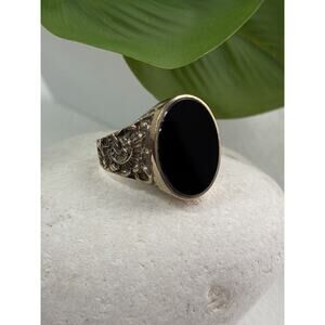 Men's 925 Sterling Silver Gold Plated Black Onyx Ring Size 9